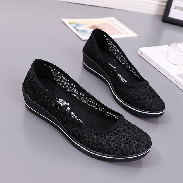 Lace Hollow Breathable Little White Flat Shoes, Mid Wedge Heel Women's Summer Beauty Shoes Size, Slip-On Comfort