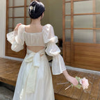 Elegant Sweet Puff Sleeves Dress Women, Long Sleeve Backless Bow Bandage Dresses, White Square Collar Party Vestidos