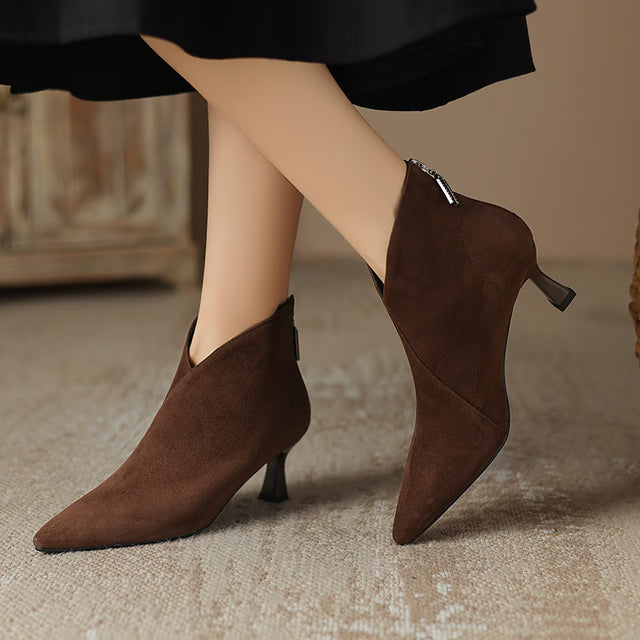 Elegant Vintage Pointed Toe Women Ankle Boots, Fashion Back Zipper Short Booties for Autumn Winter
