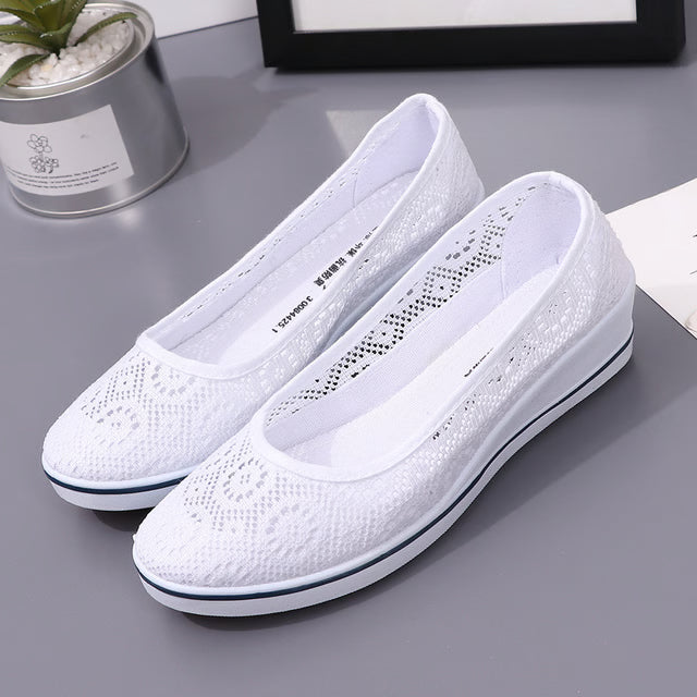 Lace Hollow Breathable Little White Flat Shoes, Mid Wedge Heel Women's Summer Beauty Shoes Size, Slip-On Comfort