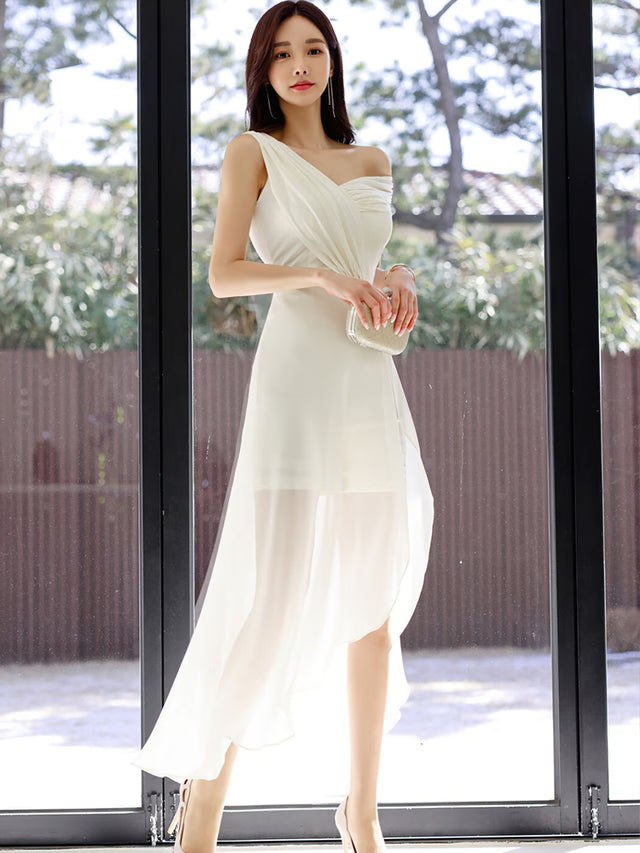 White Off Shoulder Maxi Dress – Elegant Slim Chiffon Evening Gown