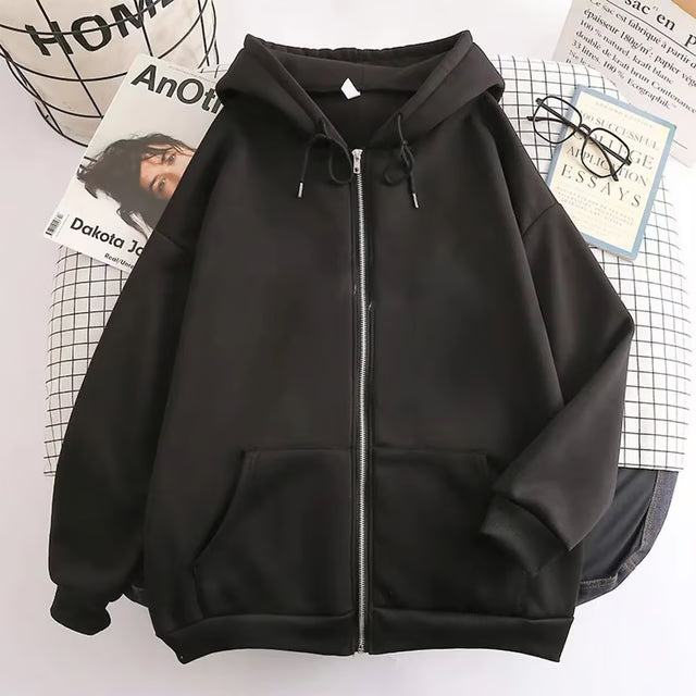 Mens high street hoodie Zip-Up Jacket (Loose Fit, Solid Color)