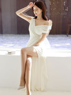 White Off Shoulder Maxi Dress – Elegant Slim Chiffon Evening Gown