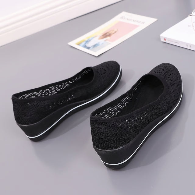 Lace Hollow Breathable Little White Flat Shoes, Mid Wedge Heel Women's Summer Beauty Shoes Size, Slip-On Comfort