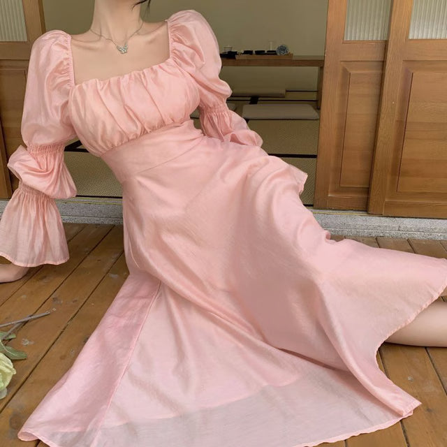 Elegant Sweet Puff Sleeves Dress Women, Long Sleeve Backless Bow Bandage Dresses, White Square Collar Party Vestidos