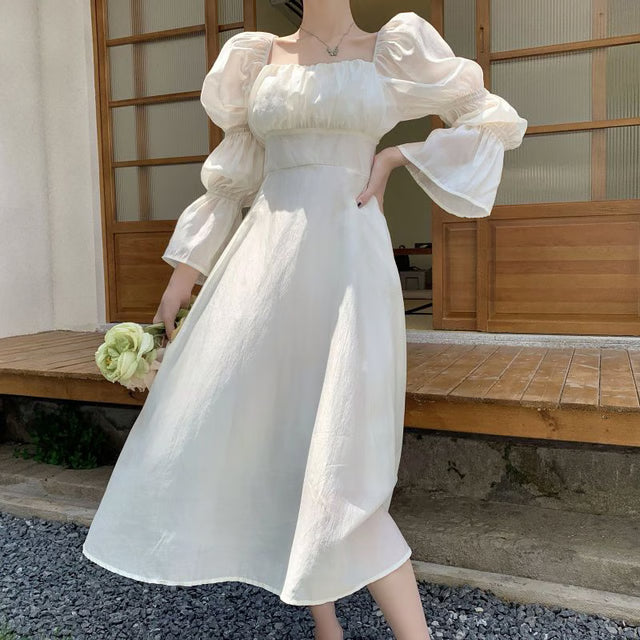 Elegant Sweet Puff Sleeves Dress Women, Long Sleeve Backless Bow Bandage Dresses, White Square Collar Party Vestidos