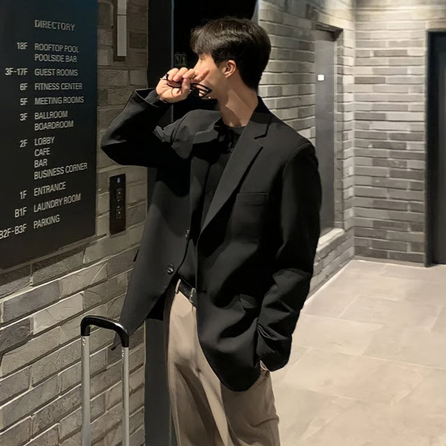 Trendy Men's Casual Blazer, Autumn Loose Fit Black Jacket, Western Style Single Breasted Dongdaemun Fashion