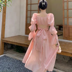 Elegant Sweet Puff Sleeves Dress Women, Long Sleeve Backless Bow Bandage Dresses, White Square Collar Party Vestidos