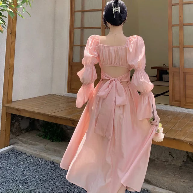 Elegant Sweet Puff Sleeves Dress Women, Long Sleeve Backless Bow Bandage Dresses, White Square Collar Party Vestidos