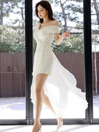 White Off Shoulder Maxi Dress – Elegant Slim Chiffon Evening Gown