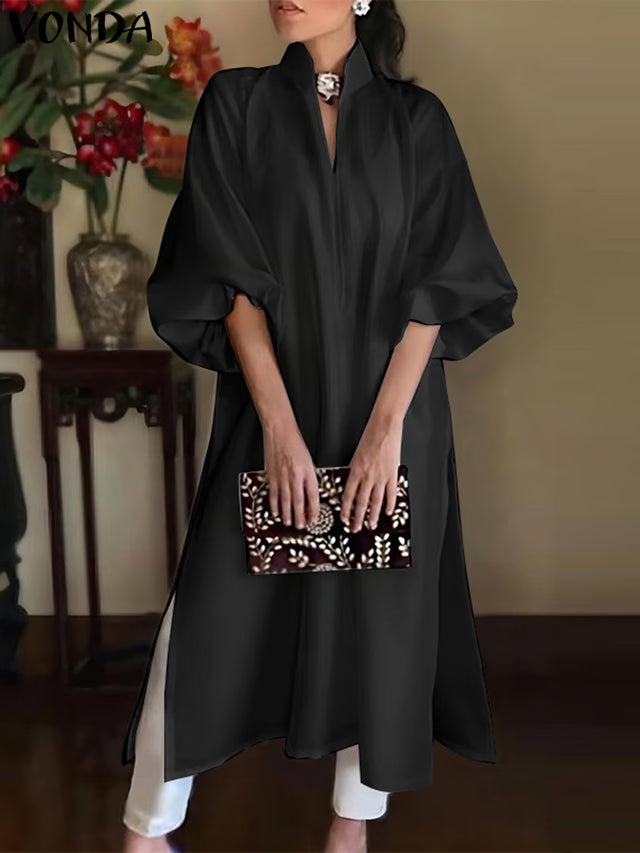 Elegant Long Maxi Sundress Casual A-line Dress Loose Elastic Solid Color
